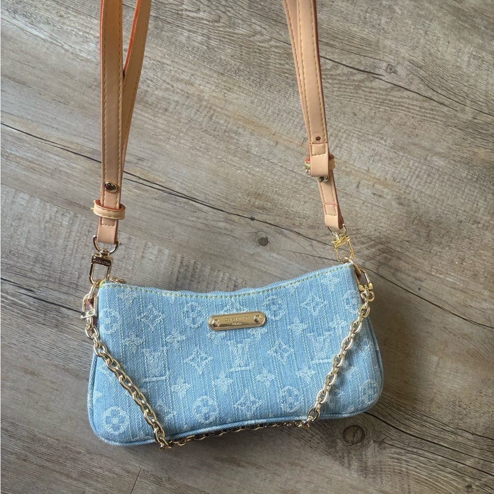 Light Blue Denim Crossbody Shoulder Bag with Gold Chain